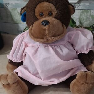 Vintage Dakin Monkey Plush 15” Brown Stuffed Animal Pink Dress